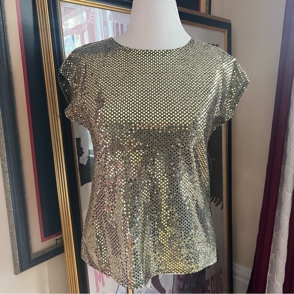 Joanna Tops - Joanna: Vintage Metallic Sparkle Gold Sequin Black Tank Blouse Top Size Medium